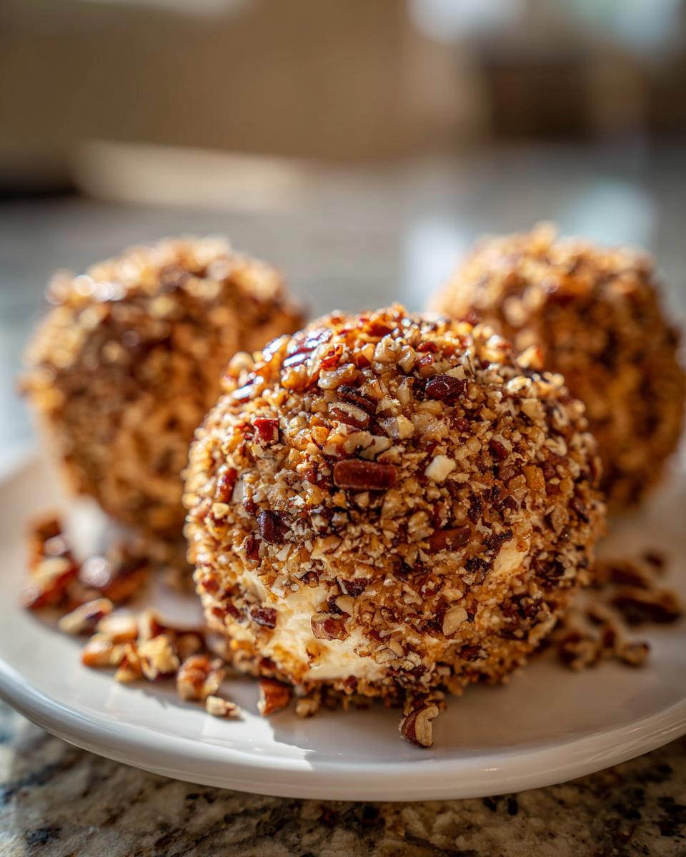 Close-up of a creamy pineapple cheese ball rolled in chopped pecans, served on a white plate.