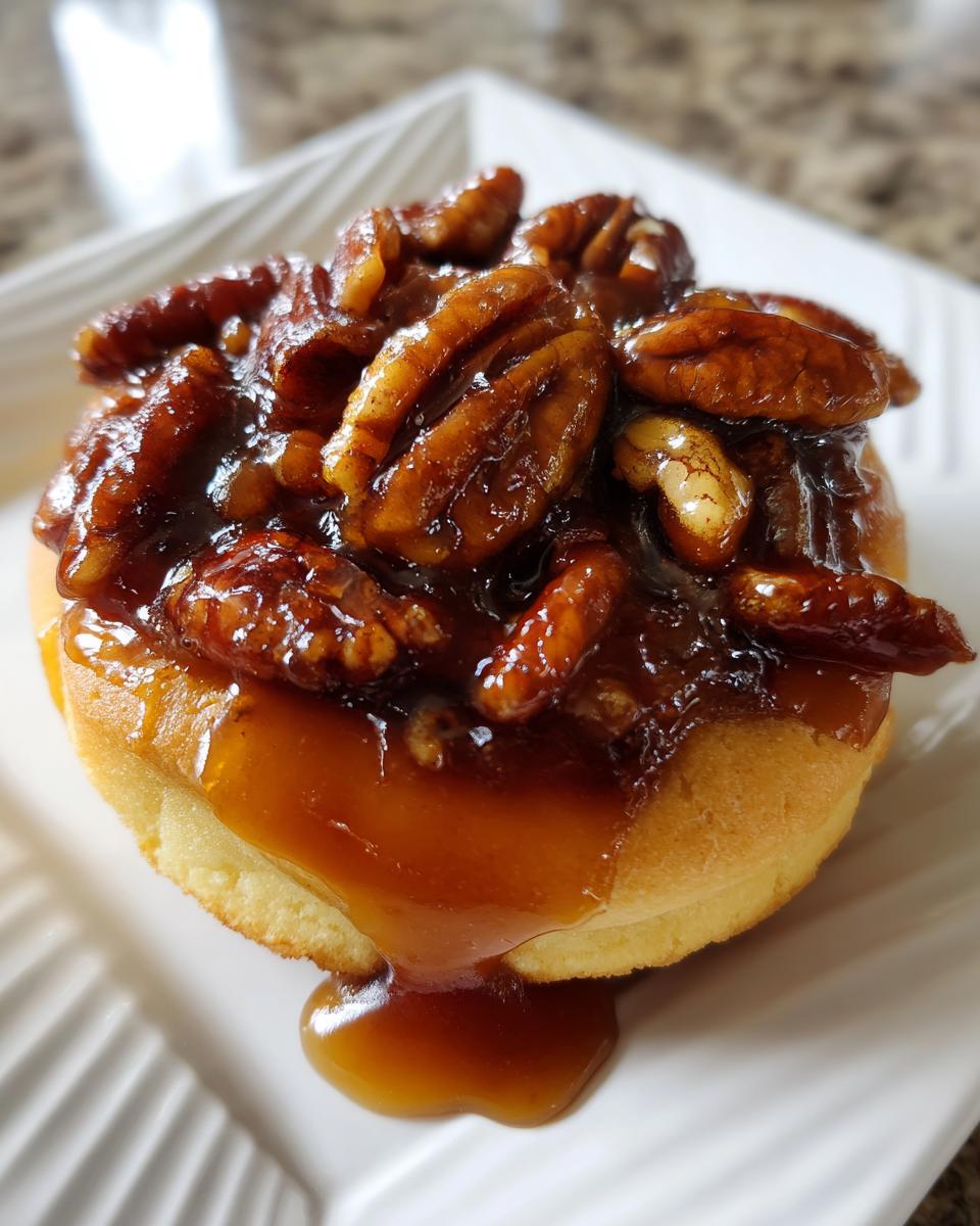 Close-up of a single pecan pie cookie topped with sticky caramel sauce and whole pecans.
