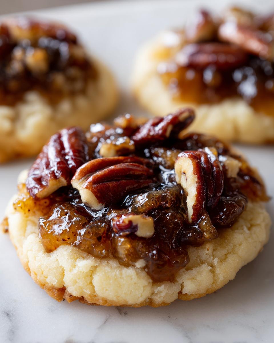 Close-up of a soft, buttery pecan pie cookie topped with sticky caramel filling and whole pecans.
