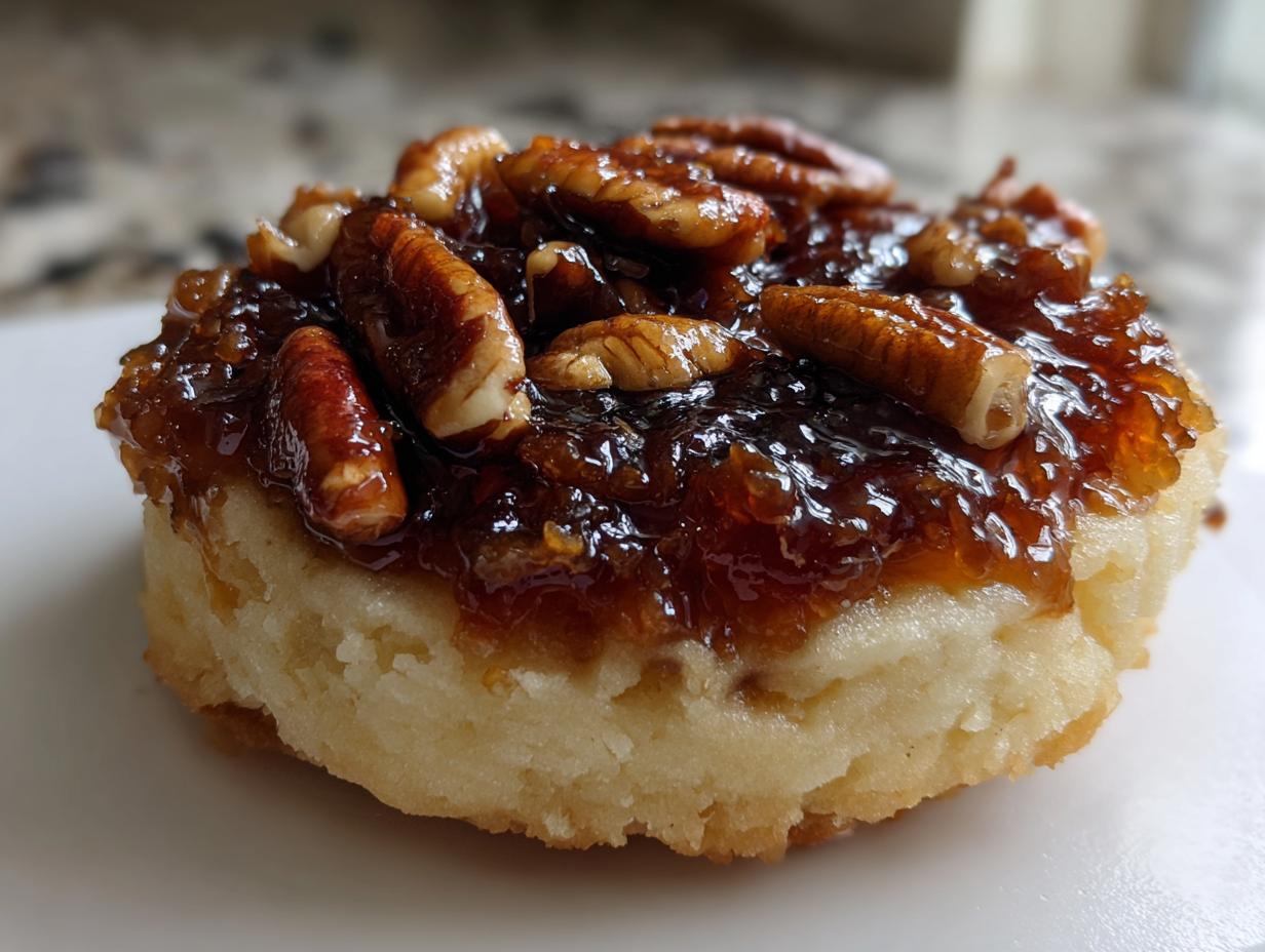 A close-up of one of the amazing pecan pie cookies, showing a thick, gooey caramel topping and whole pecans.