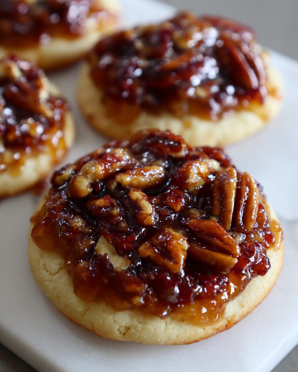 Close-up of a delicious pecan pie cookie with a rich, gooey pecan topping on a light surface.
