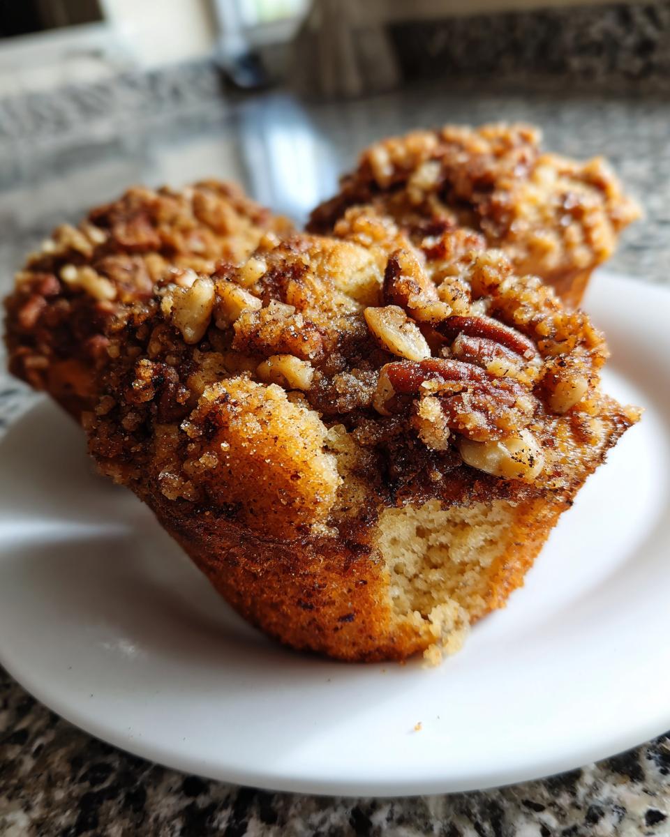 Close-up of two pecan pie muffins, one partially eaten, showing a moist interior and crunchy pecan topping.