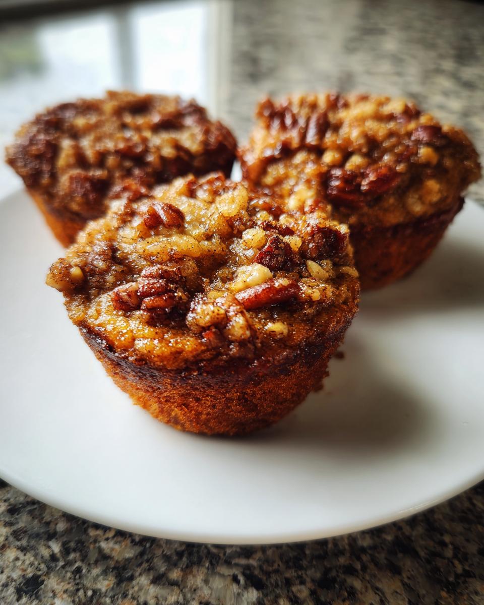 Three freshly baked pecan pie muffins with a sticky, caramelized pecan topping, resting on a white plate.