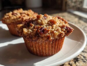 Close-up of two freshly baked pecan pie muffins with a sugary, caramelized crumb topping sitting on a white plate.