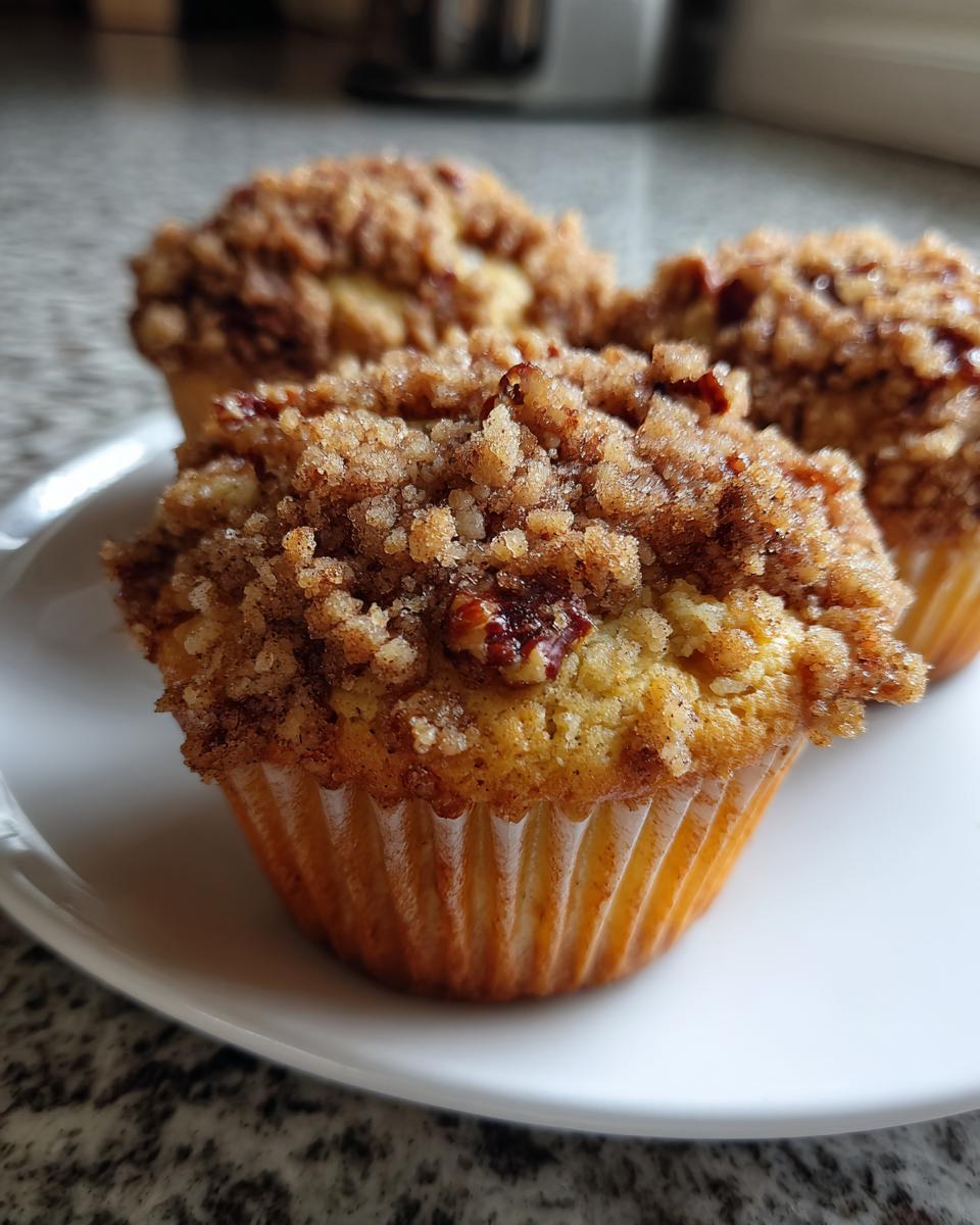 A close-up shot of three freshly baked pecan pie muffins topped with a generous cinnamon-pecan streusel topping.