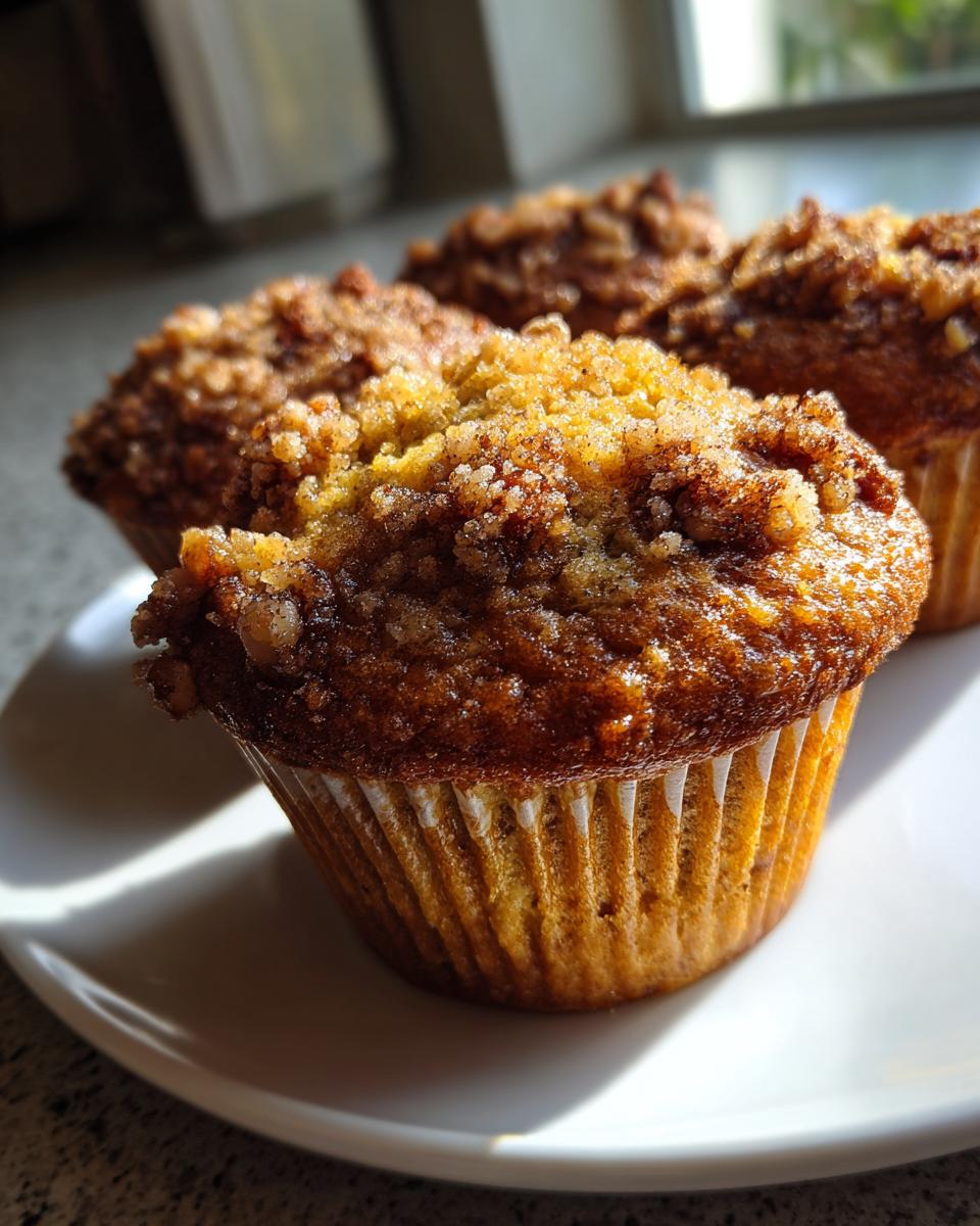 Close-up of a freshly baked pecan pie muffin featuring a rich, crumbly streusel topping, sitting on a white plate.