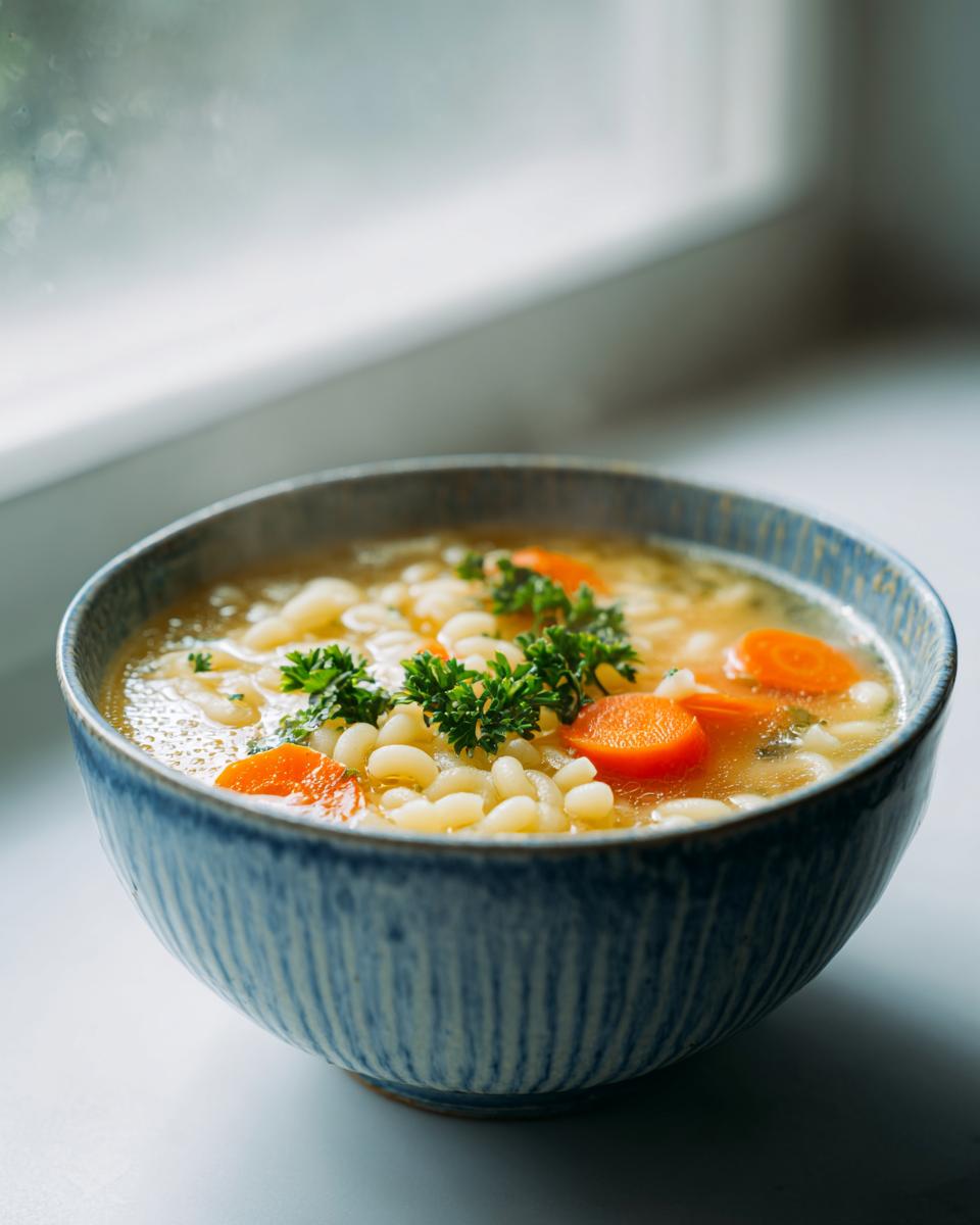 A close-up of a blue ceramic bowl filled with penicillin soup, featuring small pasta, sliced carrots, and fresh parsley.