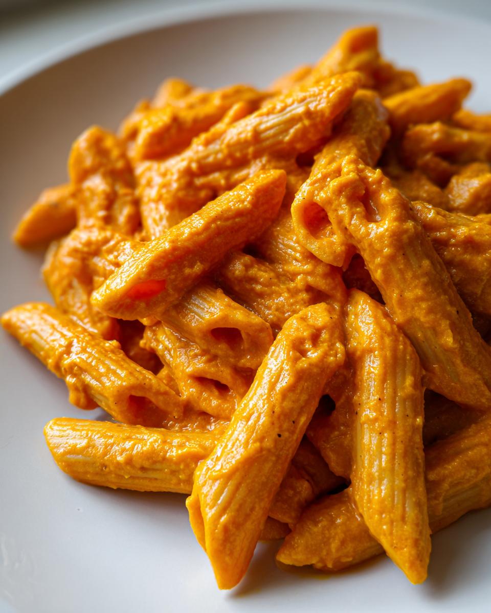 Close-up of penne pasta coated thickly in vibrant orange butternut squash pasta sauce on a white plate.