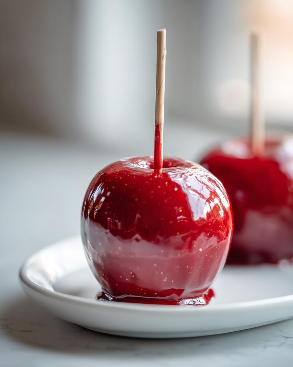 Close-up of a glossy, bright red candy apple with a wooden stick, resting on a white plate.