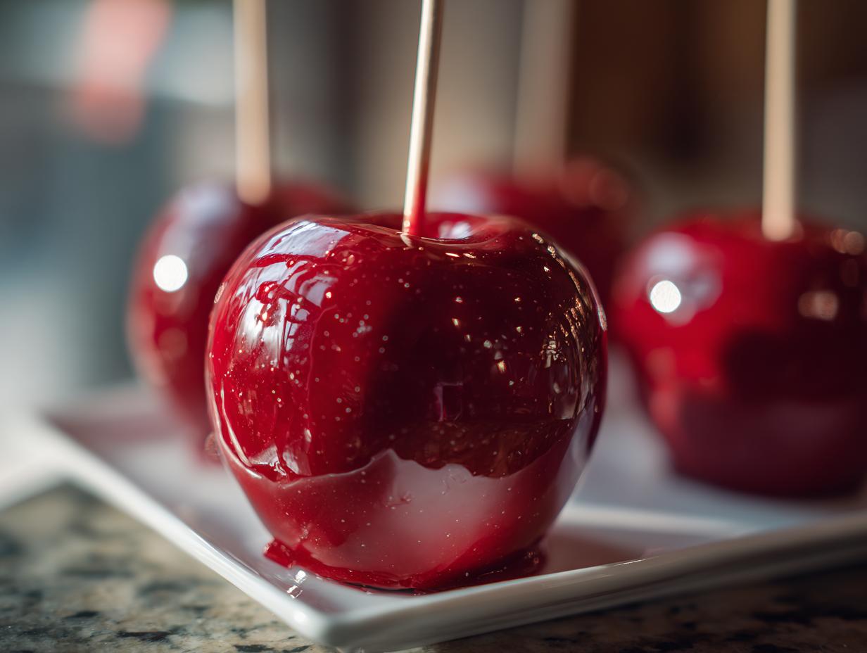 Close-up of shiny, deep red candy apples on sticks, resting on a white platter.