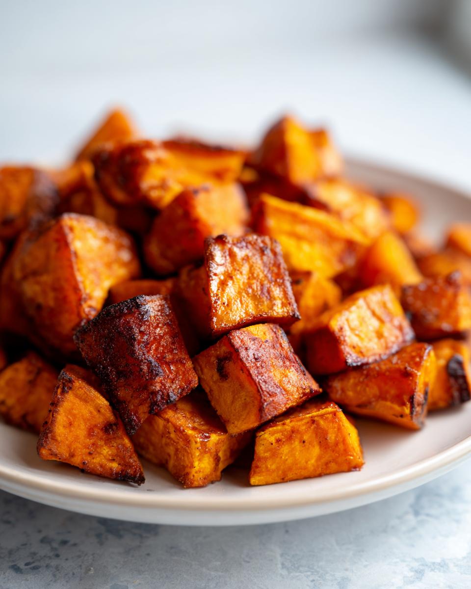 Close-up of caramelized, perfectly roasted sweet potato cubes piled on a white plate.