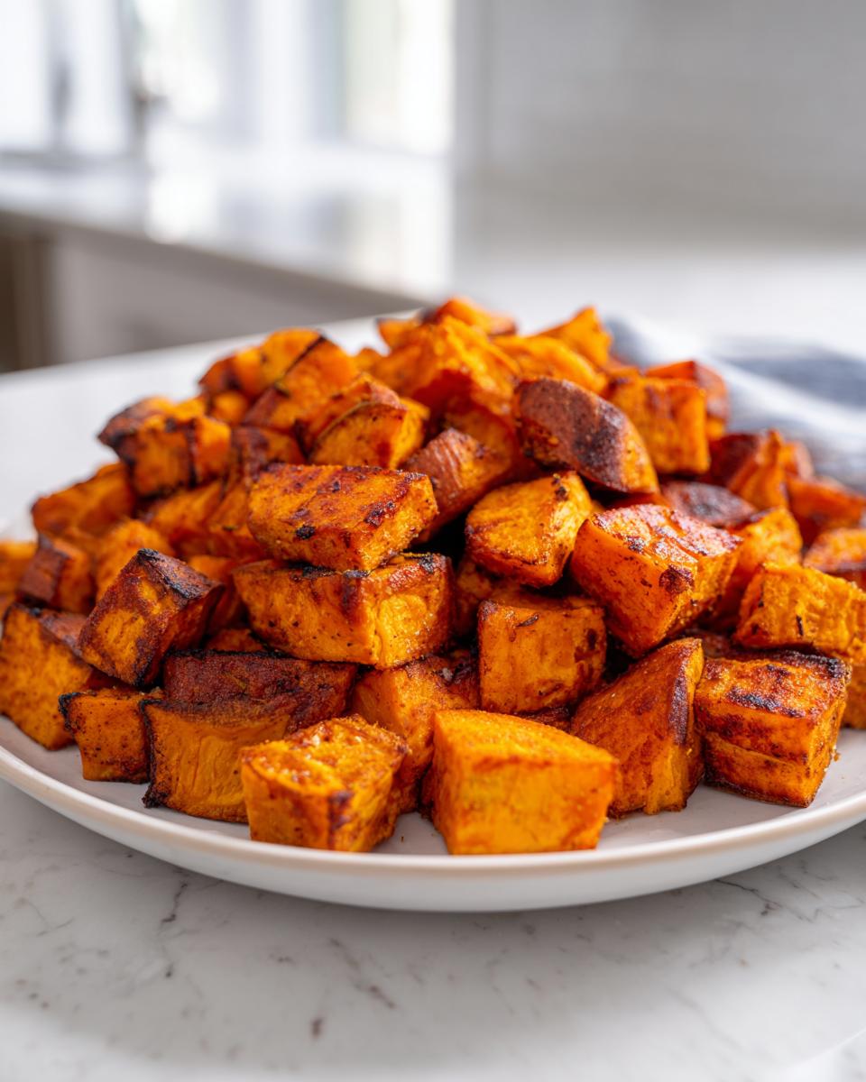 A close-up of a white plate piled high with perfectly roasted sweet potato cubes, showing caramelized edges.