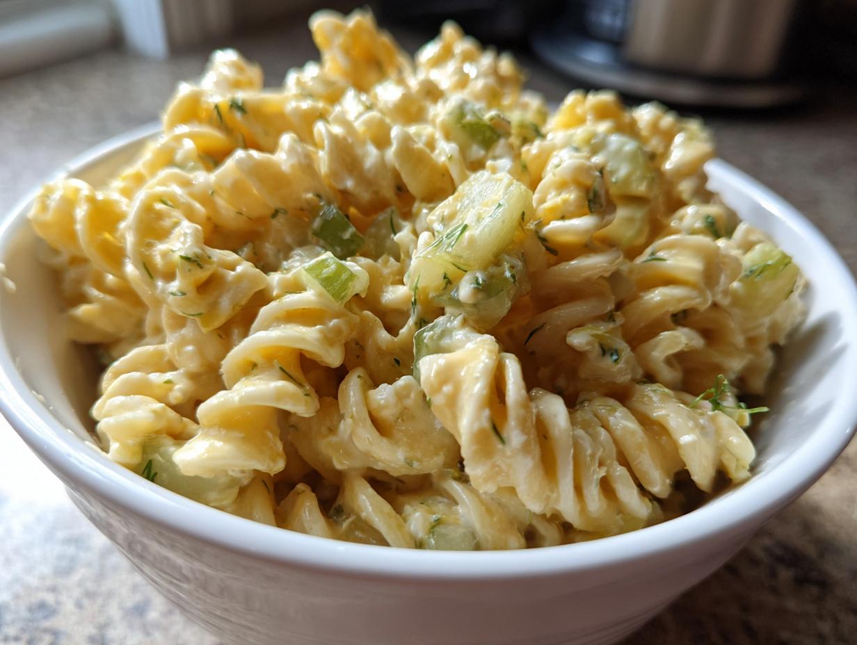 Close-up of creamy pickle pasta salad made with rotini pasta, pickles, and dill, served in a white bowl.