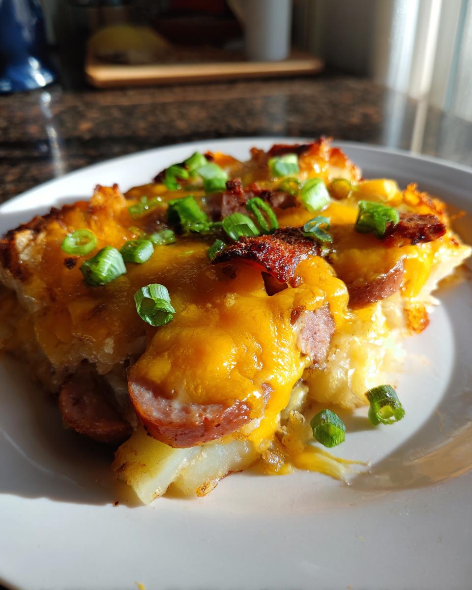 A close-up of a slice of pierogi casserole topped with melted cheddar cheese, sausage, and green onions.