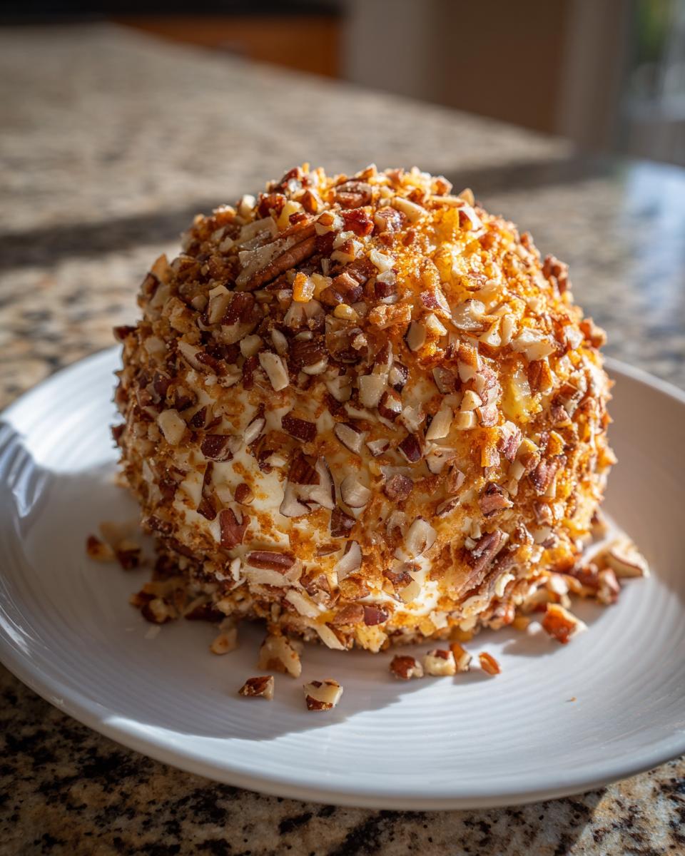 A beautiful, round pineapple cheese ball completely coated in chopped pecans, sitting on a white plate.