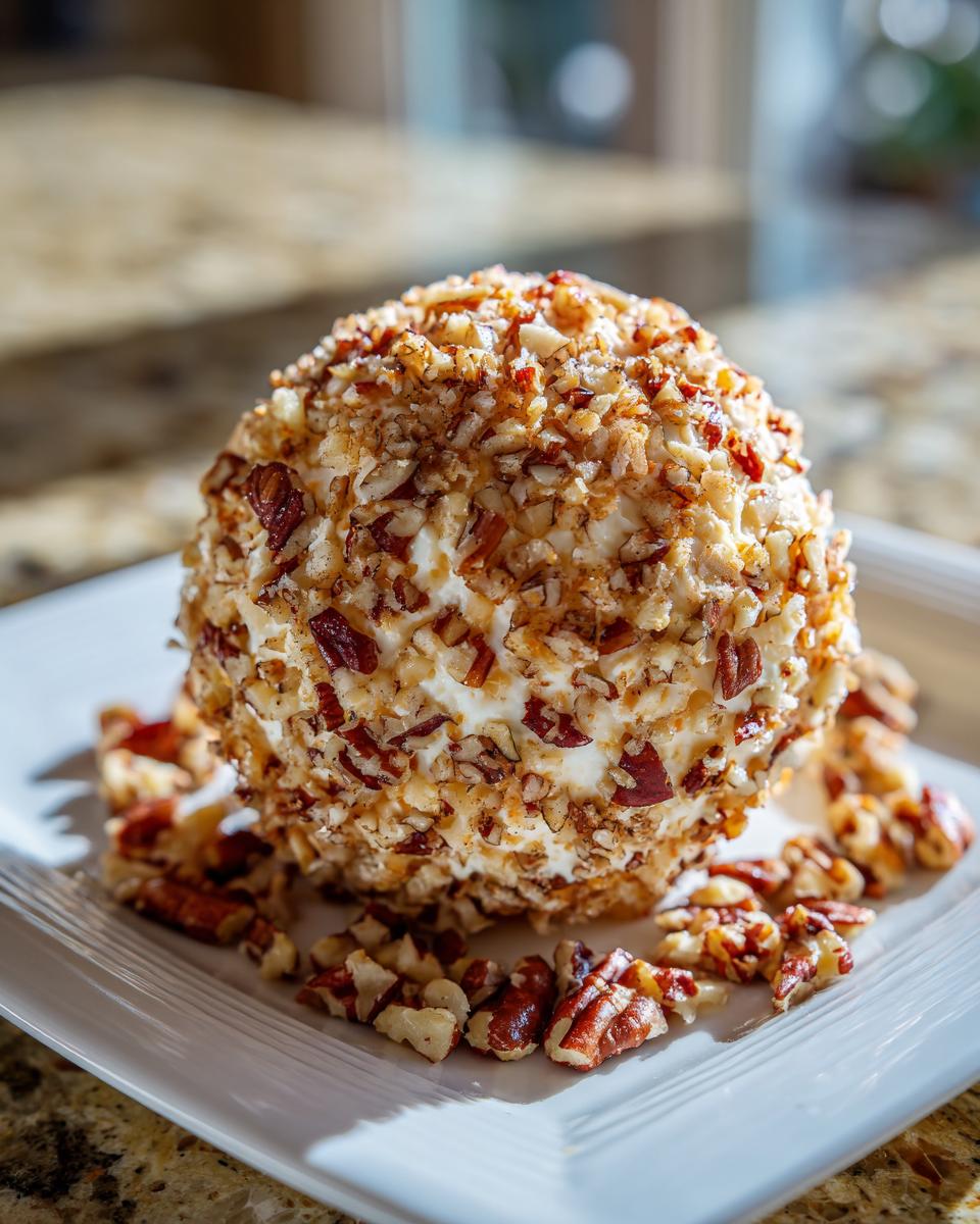 A beautiful, round pineapple cheese ball completely coated in chopped pecans, served on a white plate.