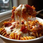 A fork lifting a bite of cheesy pizza pasta bake, showing long, dramatic cheese pulls.