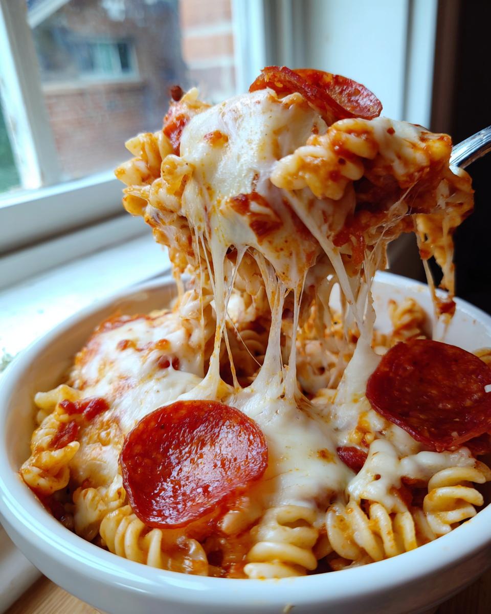 A serving spoon lifts cheesy pizza pasta bake from a bowl, showing extreme cheese pull and pepperoni slices.