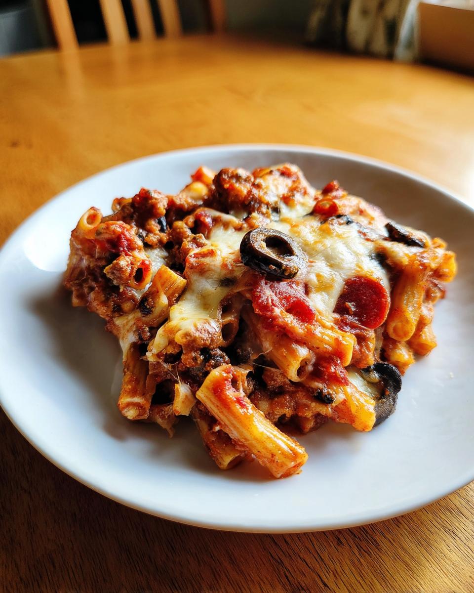 A serving of cheesy pizza pasta bake on a white plate, featuring ziti pasta, meat sauce, melted mozzarella, pepperoni, and black olives.