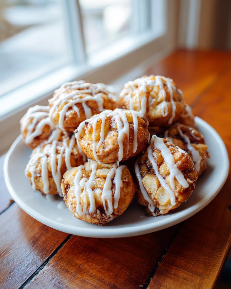 A plate piled high with small, round apple fritter bites drizzled generously with white icing.