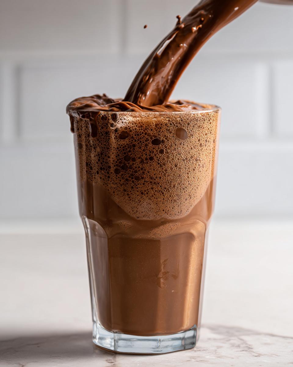Thick, rich chocolate mixture being poured into a glass, creating a frothy top for frozen hot chocolate.