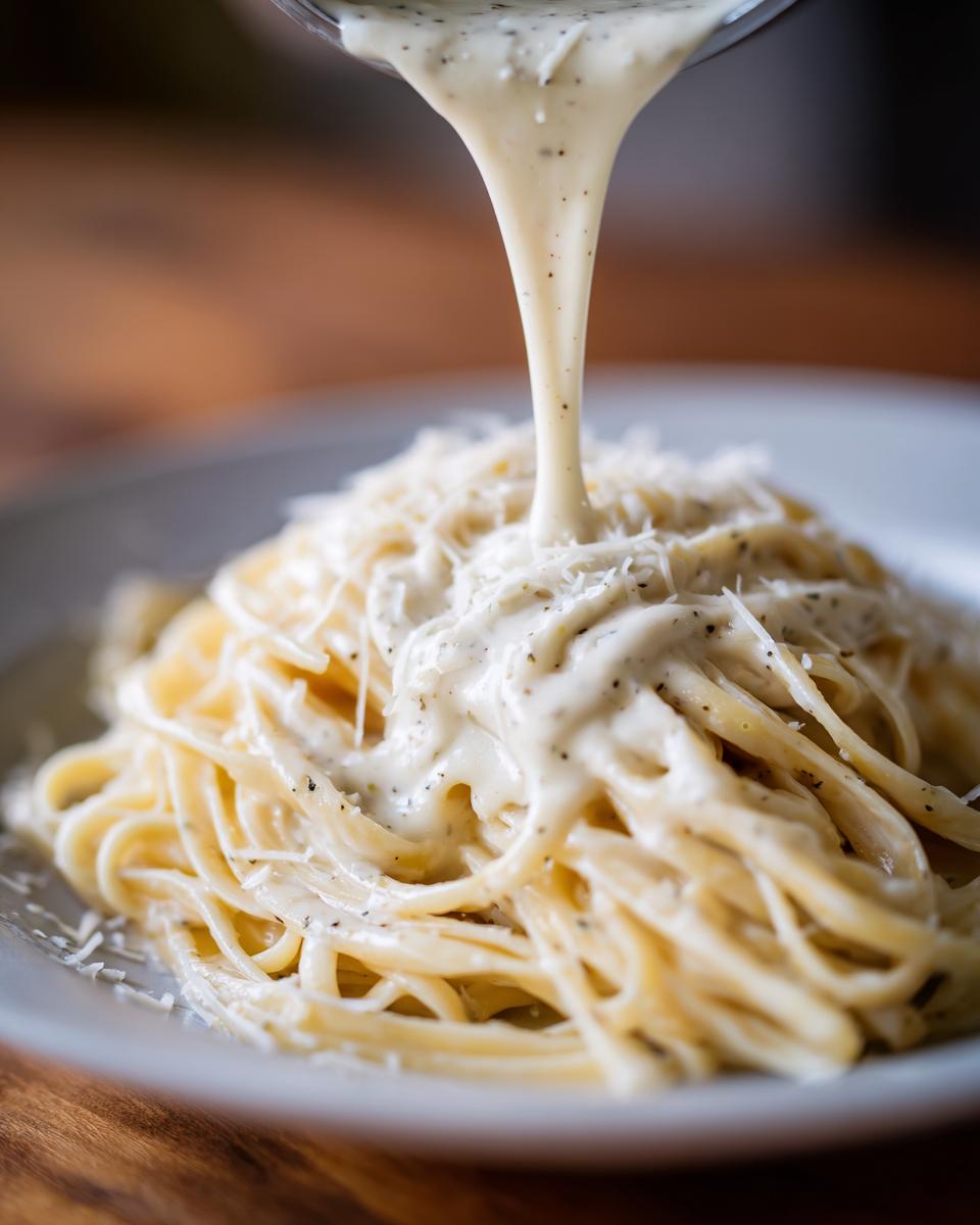 Close-up of creamy olive garden alfredo sauce being poured over a mound of fettuccine pasta topped with Parmesan.