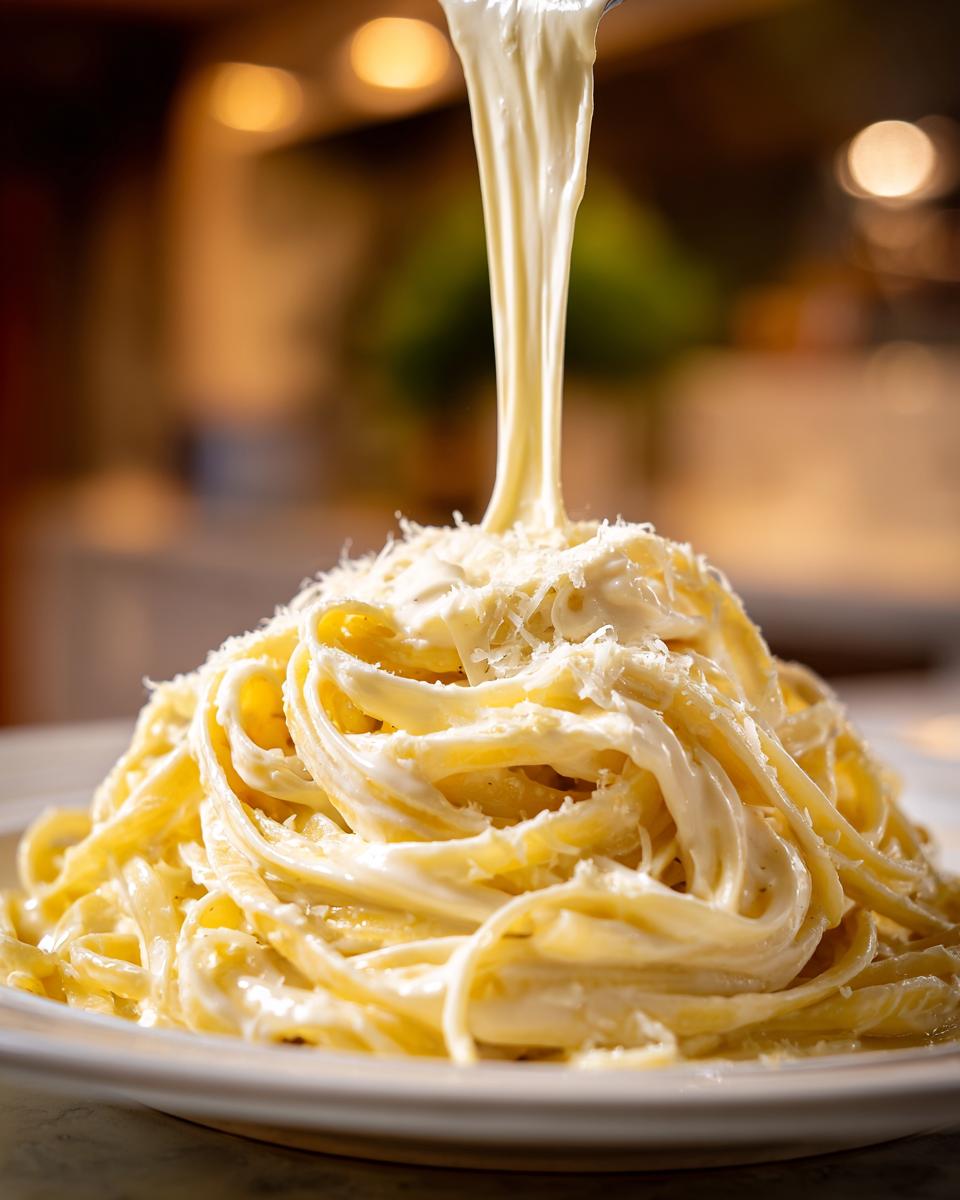 Close-up of fettuccine pasta being smothered in creamy olive garden alfredo sauce and topped with grated cheese.