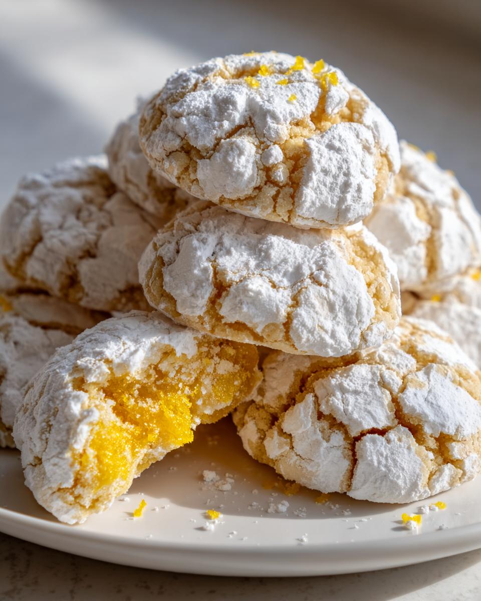 A stack of bright yellow lemon crinkle cookies heavily dusted with powdered sugar, one cookie is broken open.