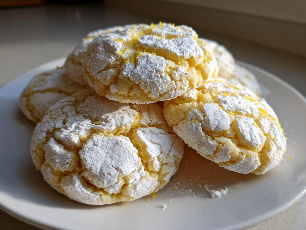 A stack of bright yellow lemon crinkle cookies generously dusted with powdered sugar, sitting on a white plate.