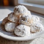 A close-up stack of freshly baked russian tea cakes heavily dusted with white powdered sugar on a white plate.