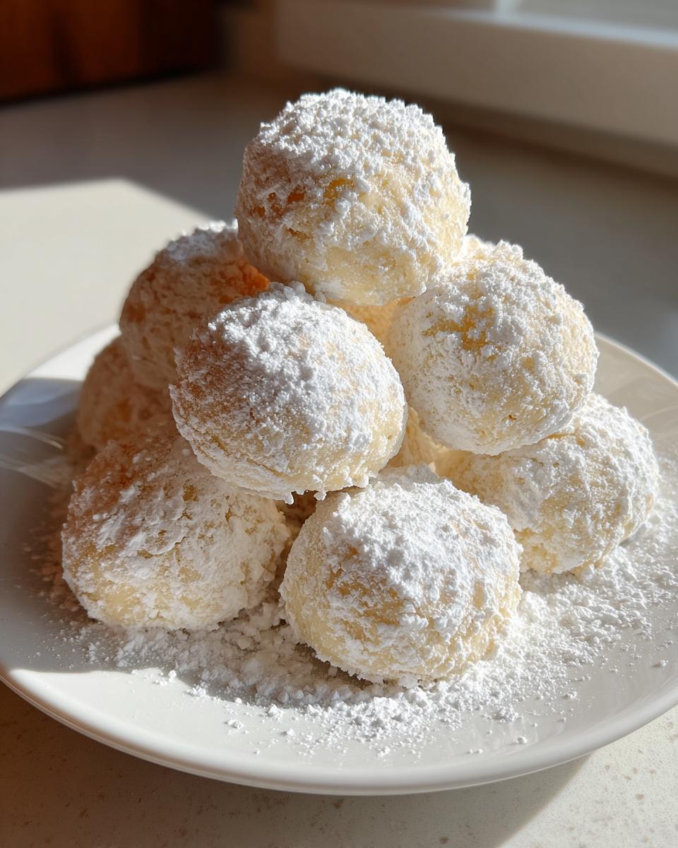 A close-up of a small stack of freshly baked russian tea cakes heavily dusted with powdered sugar on a white plate.
