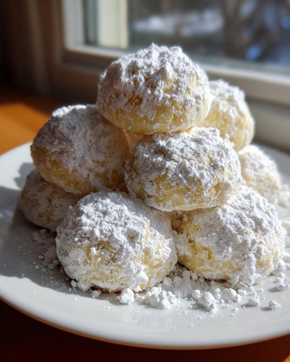 A close-up stack of freshly baked russian tea cakes heavily coated in white powdered sugar on a white plate.