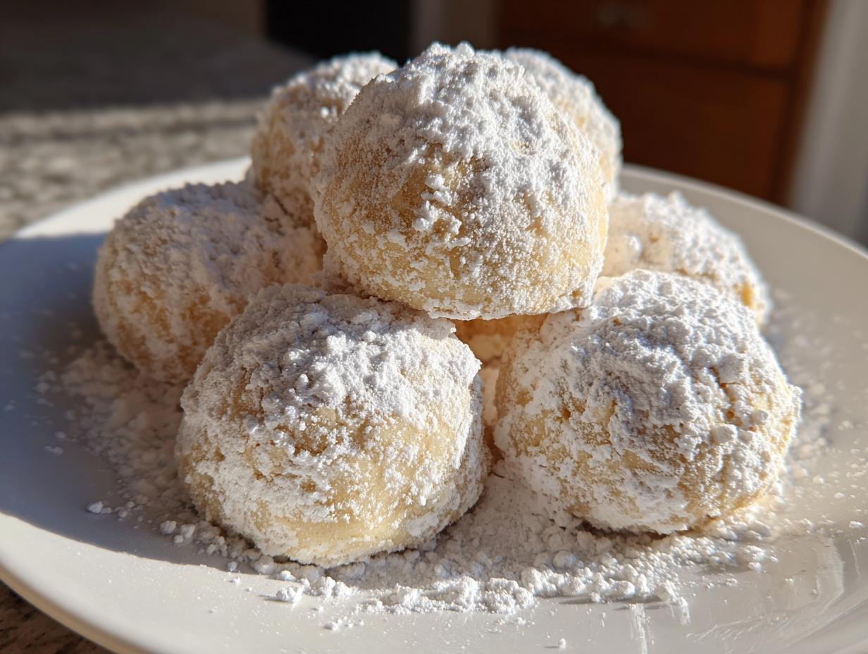 A close-up stack of freshly baked russian tea cakes heavily dusted with powdered sugar on a white plate.