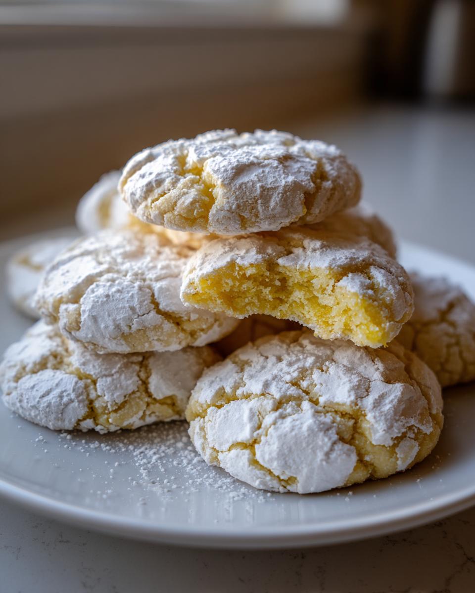A stack of bright yellow lemon crinkle cookies heavily dusted with powdered sugar, one cookie has a bite taken out.
