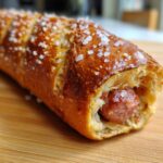 A close-up of a freshly baked pretzel dog showing the browned, salted crust and the savory sausage filling inside.