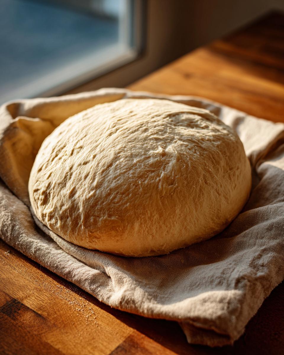 A large, round ball of risen pizza dough resting on a linen cloth on a wooden surface.