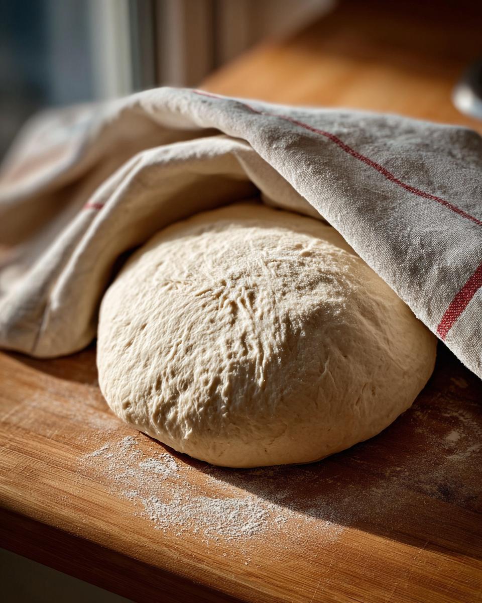 A large ball of risen pizza dough recipe resting on a wooden surface, partially covered by a linen cloth.