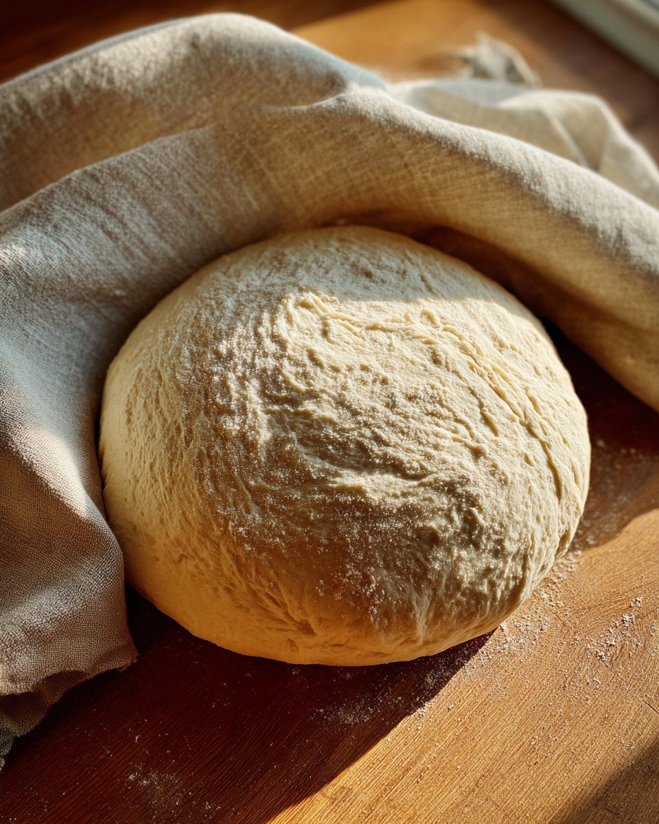 A large, round ball of risen pizza dough recipe resting on a wooden surface, partially covered by a linen cloth.
