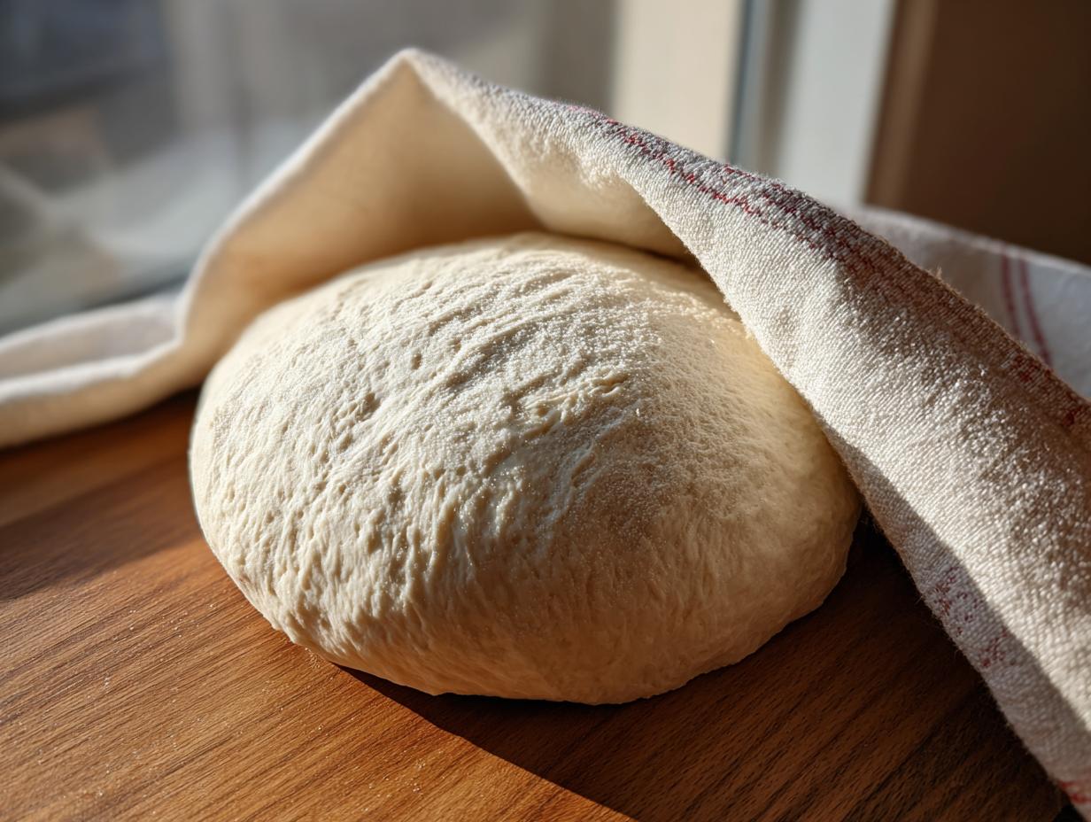 A perfectly risen ball of pizza dough recipe resting on a wooden surface, partially covered by a white kitchen towel.