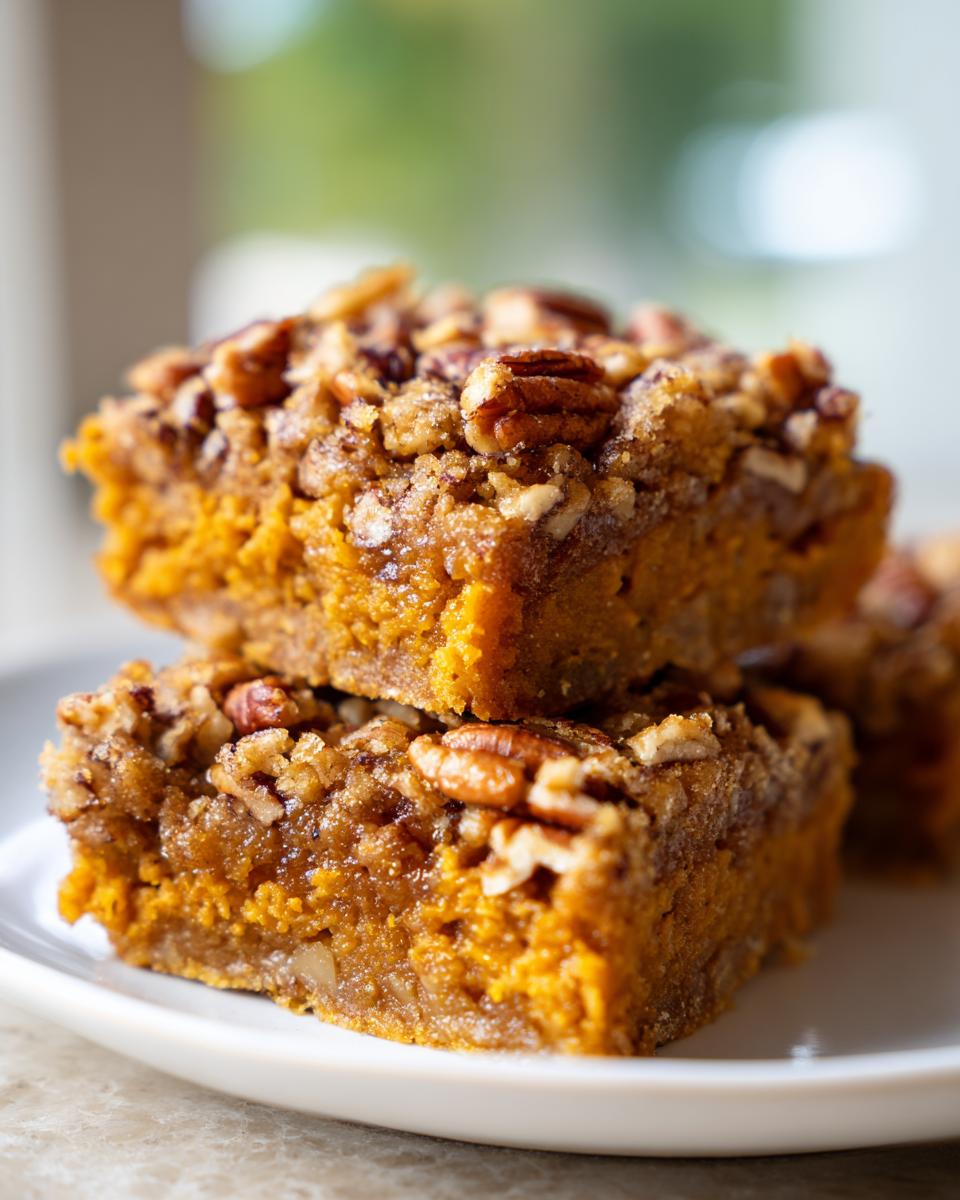 Two stacked squares of rich pumpkin pecan cobbler bars topped with crunchy pecans.