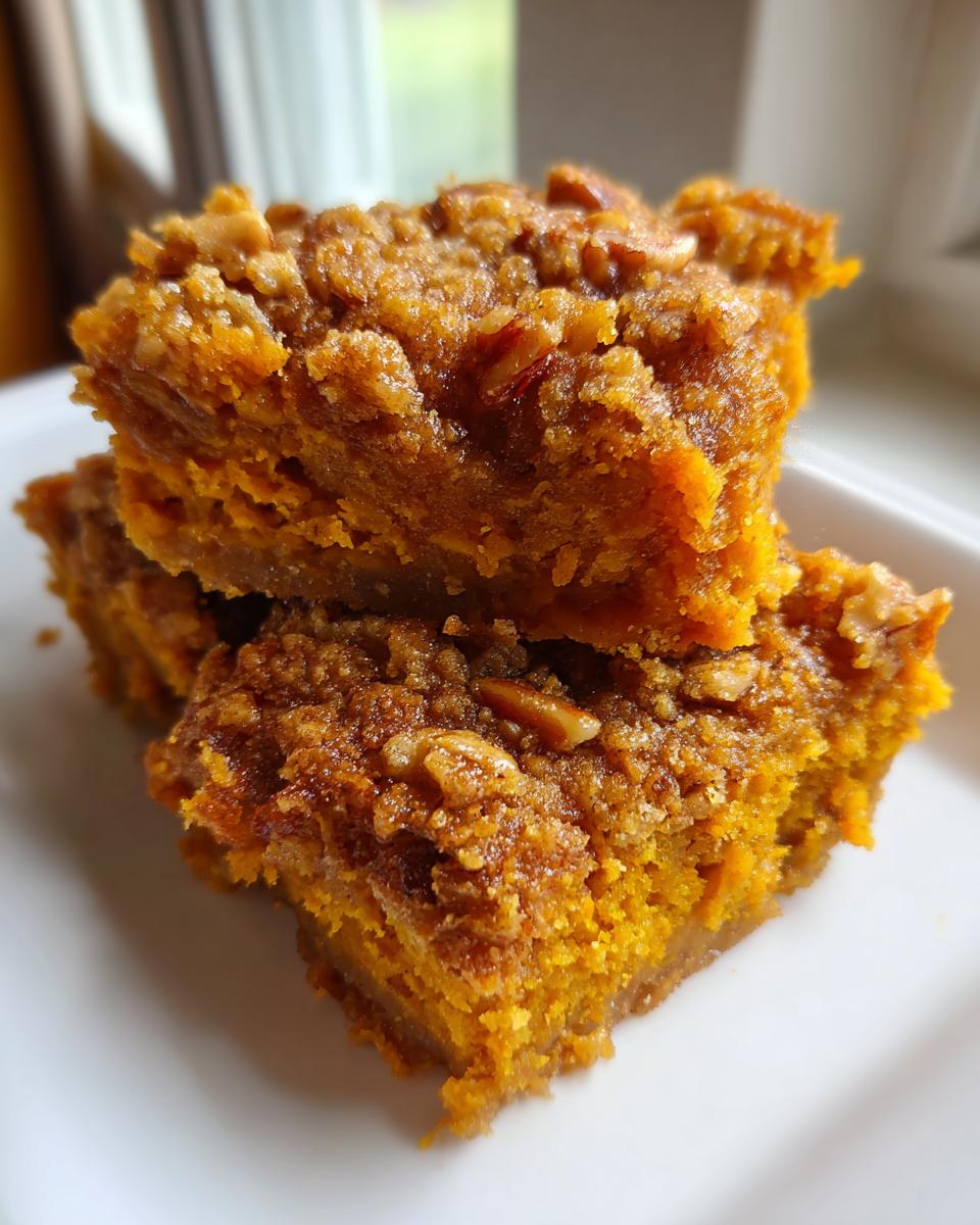 Close-up of stacked, moist pumpkin pecan cobbler bars with a crumbly, nutty topping.