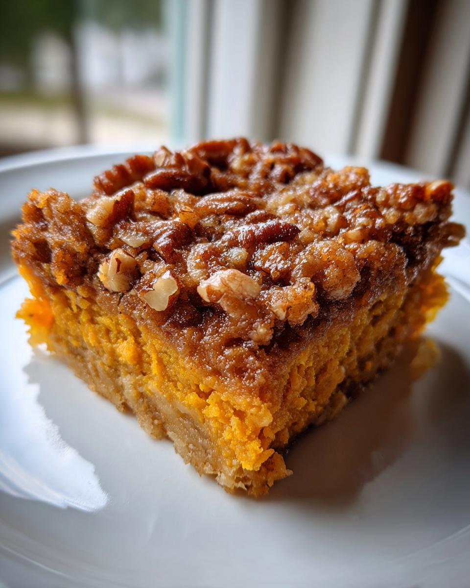 Close-up of a square slice of rich pumpkin pecan cobbler showing the orange filling and crunchy pecan topping.