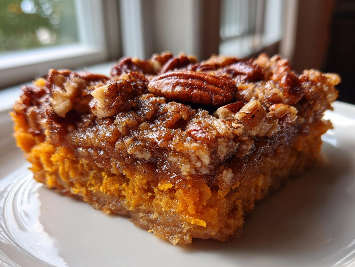 A close-up, mouthwatering slice of pumpkin pecan cobbler with a gooey topping and whole pecans.