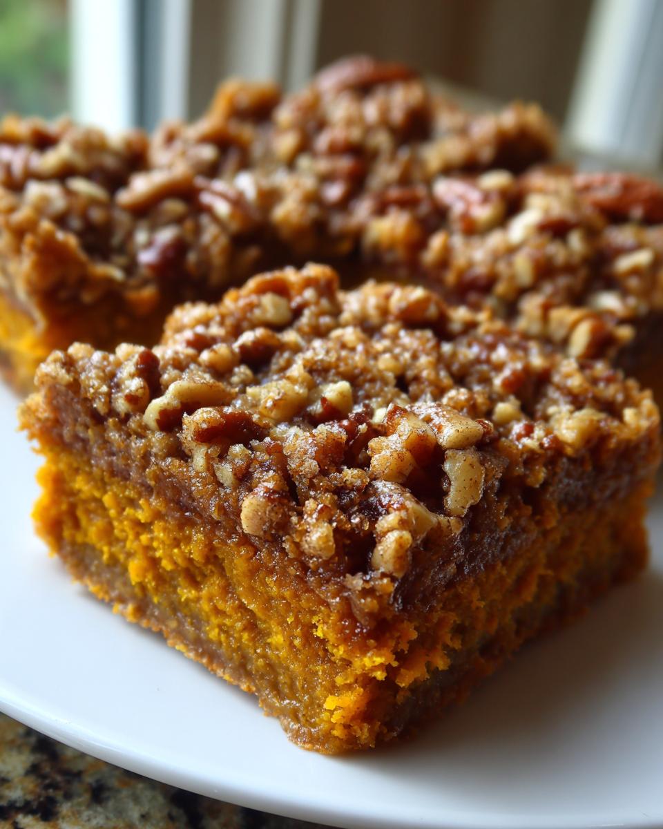 A close-up of a square slice of rich, orange pumpkin pecan cobbler topped with a crunchy pecan streusel.