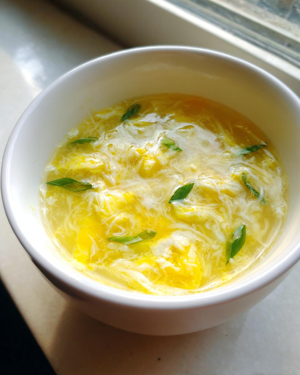 A white bowl filled with bright yellow and white ribbons of egg drop soup, garnished with green scallion pieces.