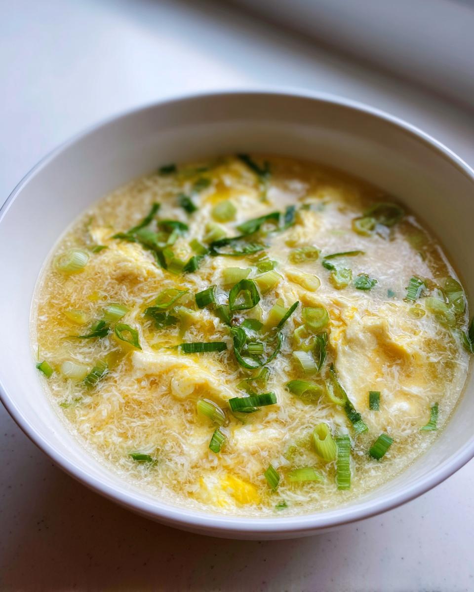 A close-up of a white bowl filled with steaming egg drop soup, featuring delicate ribbons of cooked egg and topped with fresh green onions.