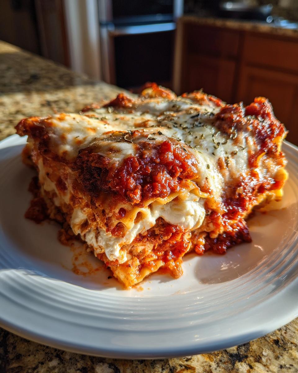 A delicious, cheesy slice of ravioli lasagna topped with marinara sauce and herbs.