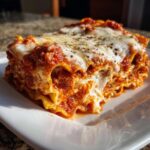 A thick slice of cheesy ravioli lasagna covered in rich tomato sauce and melted mozzarella, seasoned with pepper.