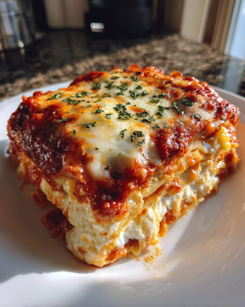 A close-up, appetizing slice of ravioli lasagna layered with cheese and sauce, garnished with parsley.