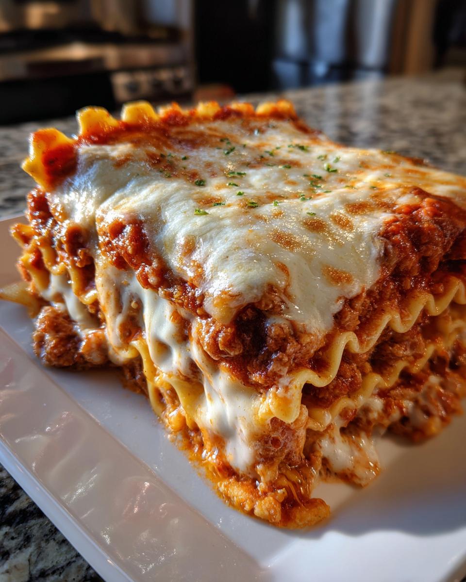 Close-up of a thick slice of ravioli lasagna layered with meat sauce and melted mozzarella cheese.